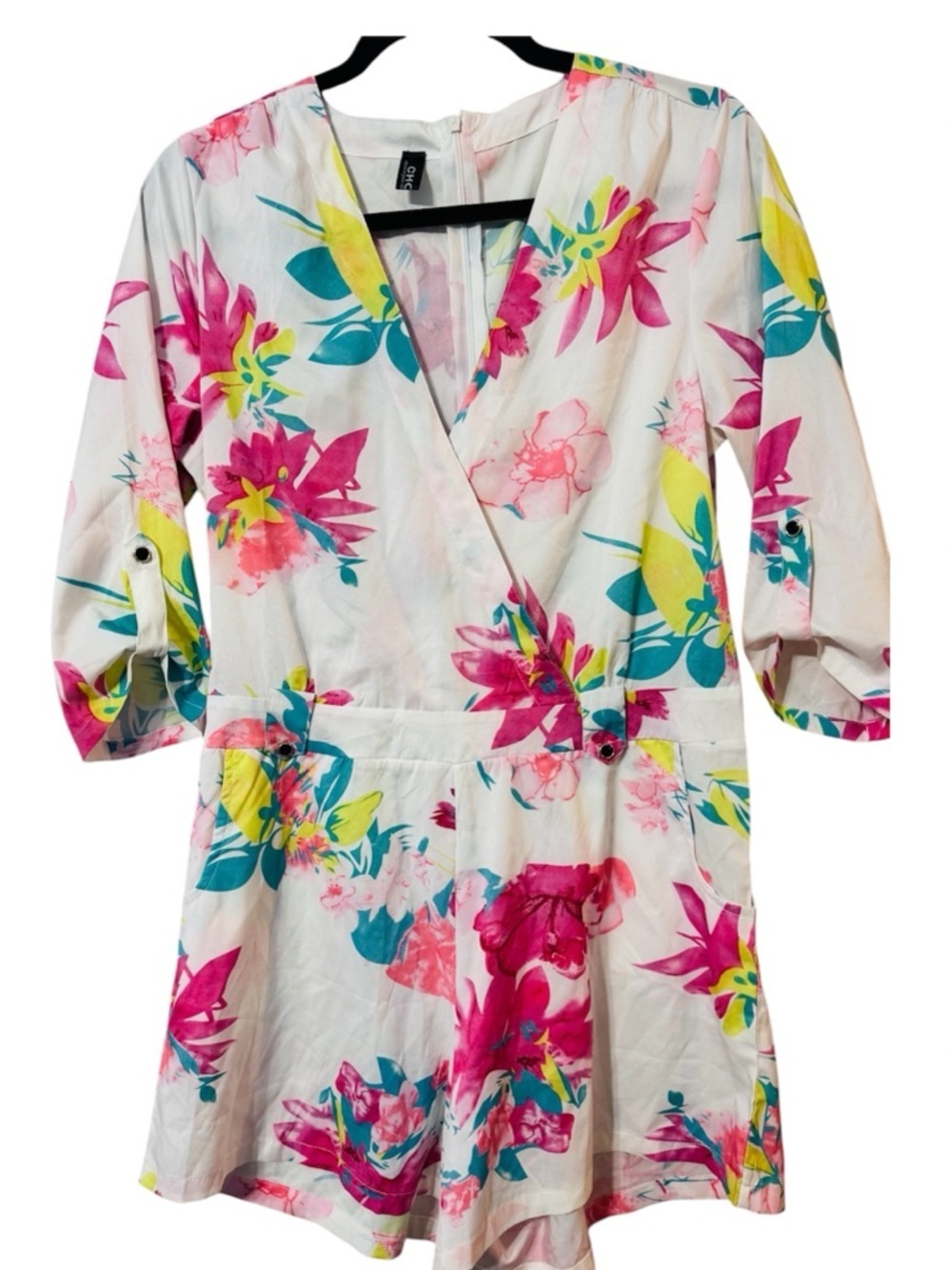 Choies Floral Wrap Romper White Pink Yellow Boho Lightweight 3/4 Sleeve V Neck